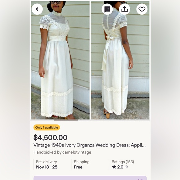 Vintage 1940s Ivory Organza Wedding Dress Appliqué Lace Antique Wedding - Picture 17 of 17